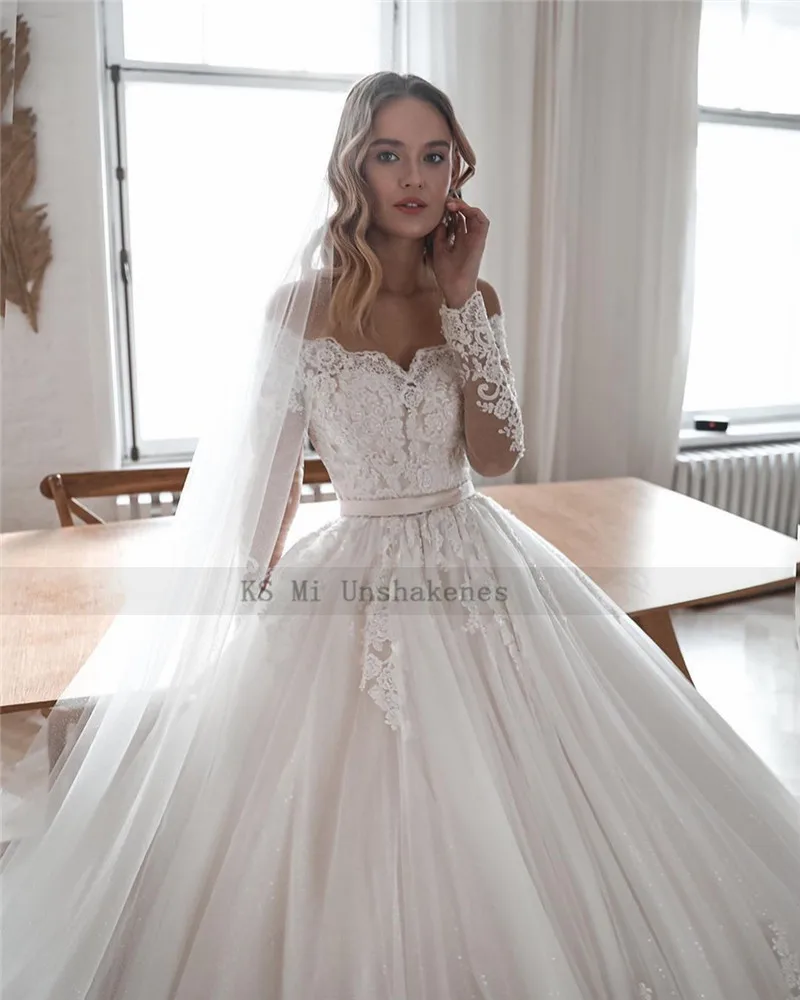 Abito da ballo da chiesa abiti da sposa abito da sposa in pizzo a maniche lunghe scollo a barchetta Vestido de Noiva Manga Longa abiti da sposa in turchia 2021