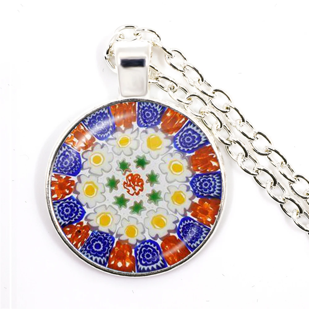 Murano Millefiori Pendant Necklace MultiColour Flower 25mm Glass Cabochon Necklace Jewelry For Women Men Gift Wholesale