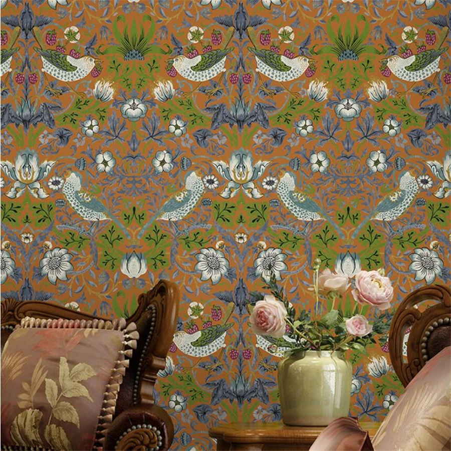 Retro American Country Wallpaper Chinese Pastoral Flower and Bird Tibetan Living Room Bedroom Background Customizable wallpaper