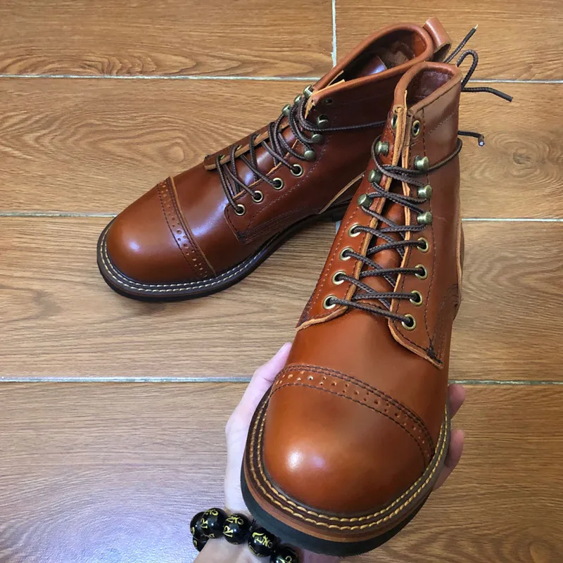 Yomior New Vintage Round Toe Men Shoes Lace-Up Genuine Cow Leather Ankle Boots Work Dress Motorcycle Boots Red Brown Casual