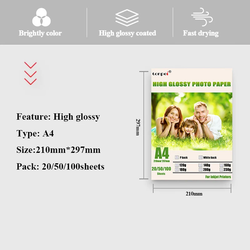 A4 High glossy Photo Paper  Printer Photographic Paper single-side coated for Inkjet Printers 120g 140g 160g 180g 200g 230g