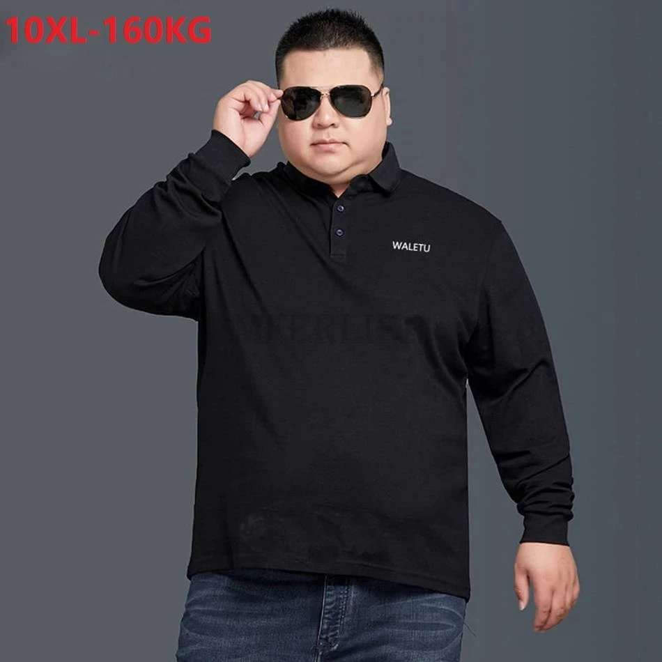 high quality autumn men casual polo shirts long sleeve large size 6XL 7XL 8XL 9XL 10XL letter tees loose tops black 54 56 52