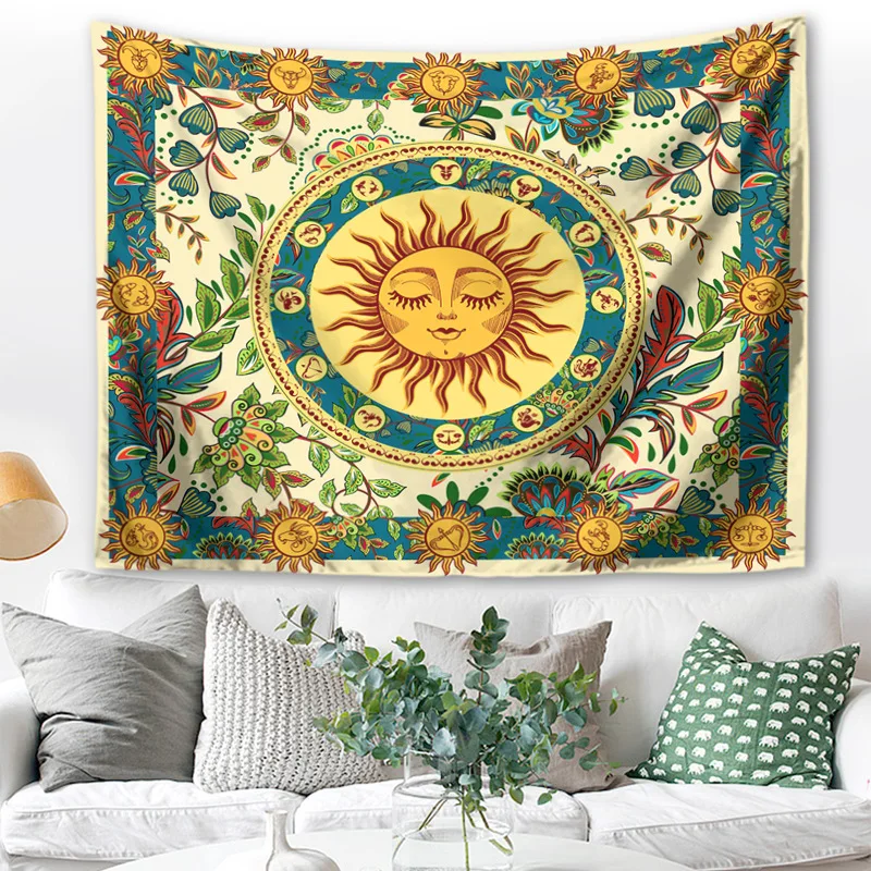 Burning Sun Tapestry Wall Hanging Floral Flower Vines Retro Mysterious Tapestries Hippie Bohemian Witchcraft Home Decor Blanket