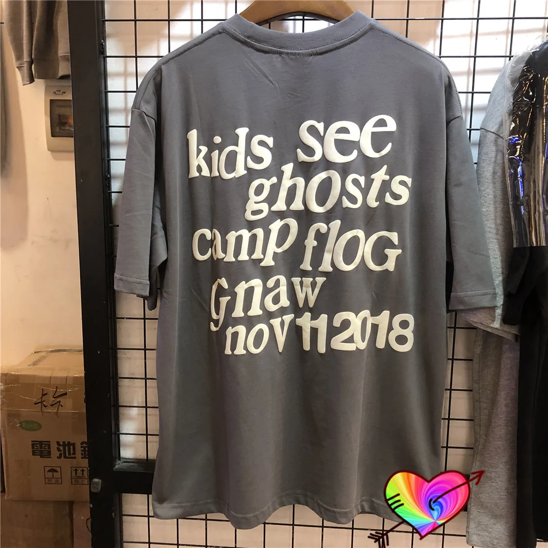 Light Grey Lucky Me I see Ghosts T-shirt Men Women Logo Foam Print KIDS SEE ghosts Tee Kanye West Tops Hip Hop Short Sleeve