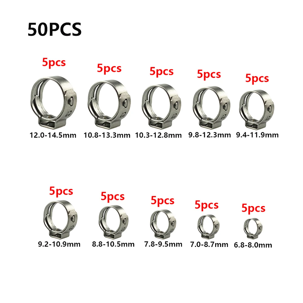 

50pcs Single Ear Stepless Hose Clamps 8-14.5mm 304 Stainless Steel Hose Clamps Cinch Clamp Rings soldering for TIG/MIG of Hose