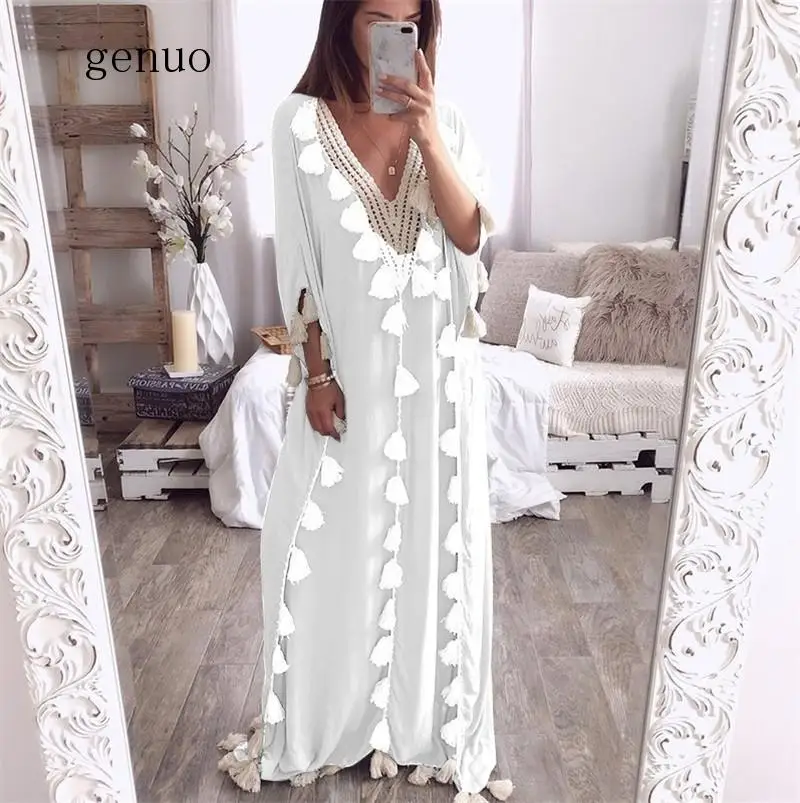 

2020 Boho Summer Maxi Dress Kaftan Beach Cover Up Woman Beachwear Swimsuit Cover-ups Sexy V-neck Bats Sleeve Robe De Plage