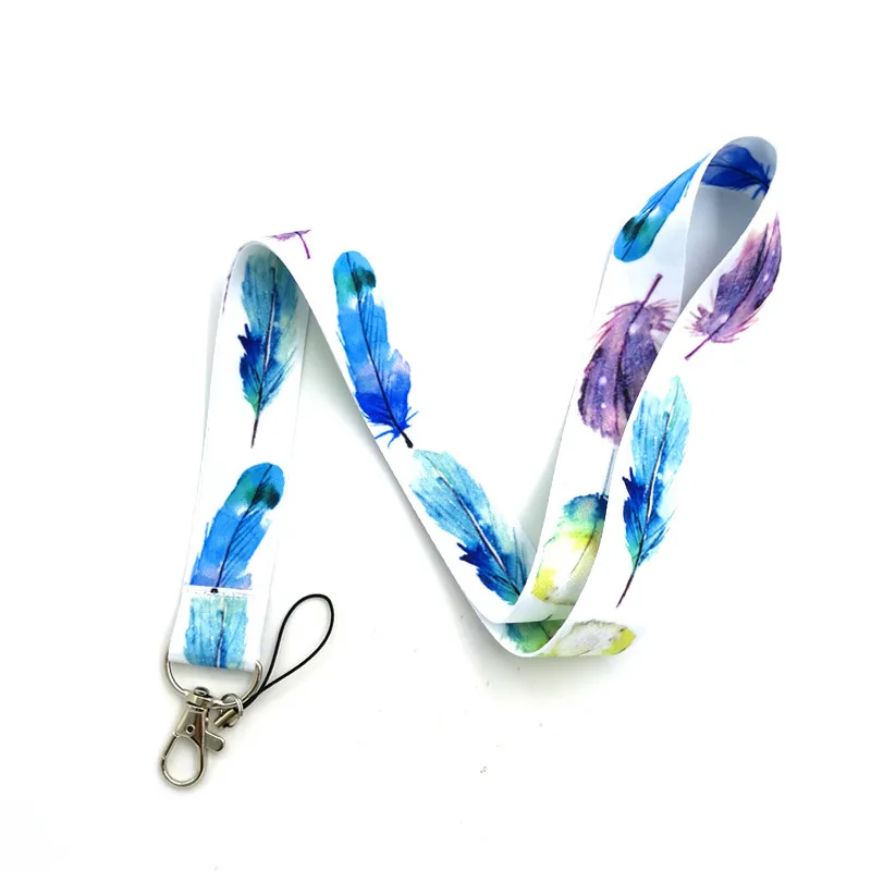 Watercolorful Feathers Lanyard For Keys Mobile Phone Strap Hang Rope Keycord USB ID Card Badge Holder Keychain DIY Keyrings