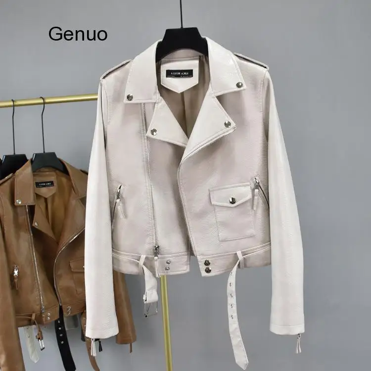 2020 New Fashion Women Autumn Candy Color Leather Jackets Zipper Basic Sheepskin Coat Turndown Collar Biker Jacket With Belt