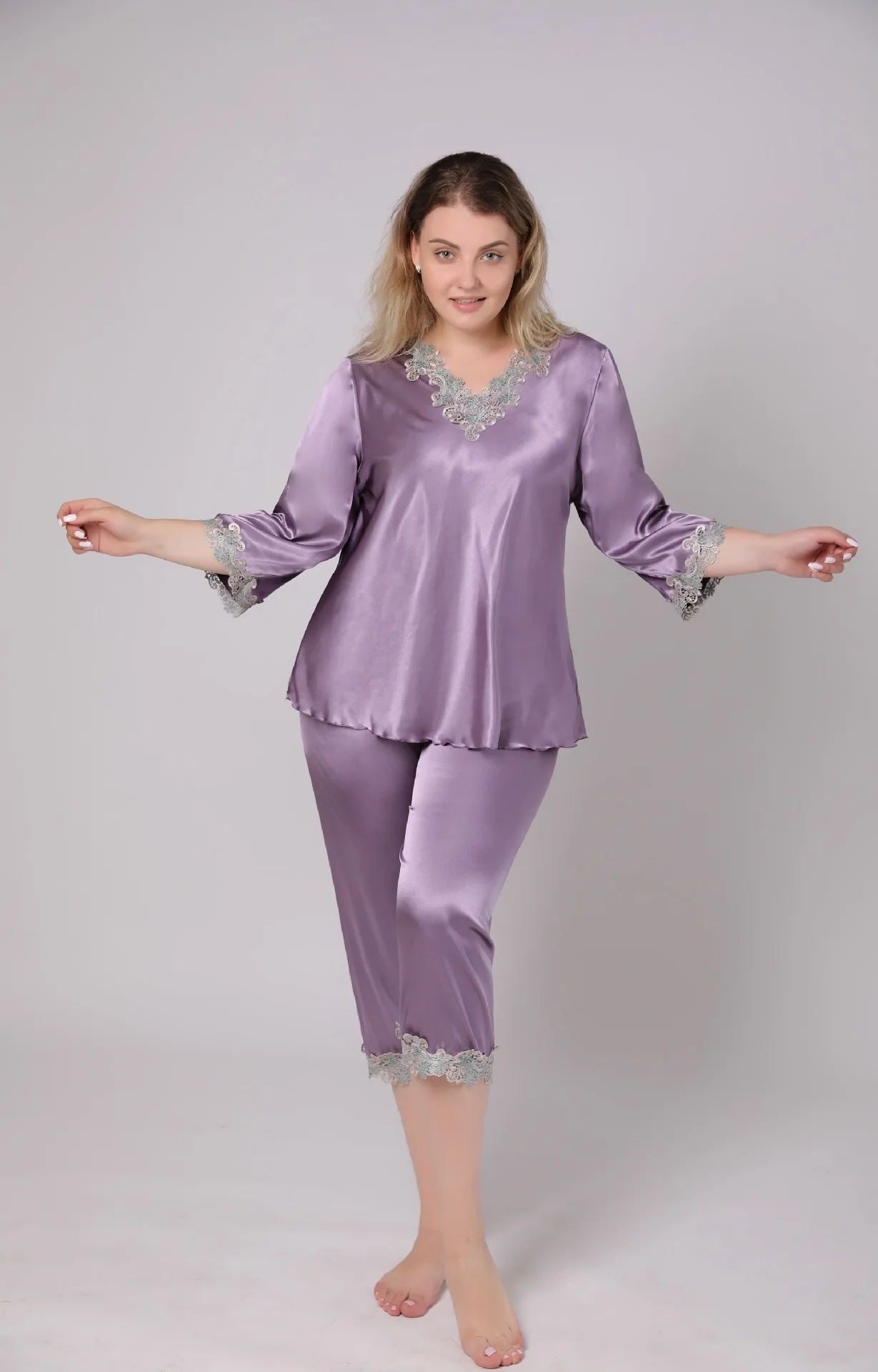 Large Size 3/4 Long Sleeve 2PCS Lady Satin Pajamas Set Sexy Lace Flower Sleep Suit Lounge Sleepwear XL-6XL Lingerie Home Clothes