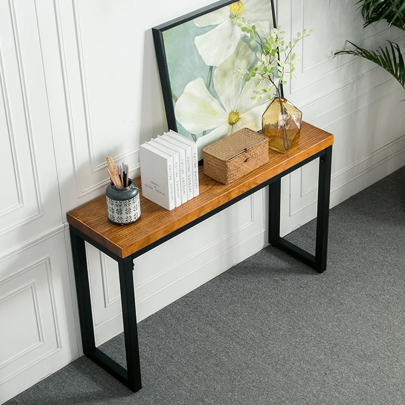 American Industrial Style Retro Solid Wood Wrought Iron Porch Table, Side Counter, Long Narrow Table by the Wall