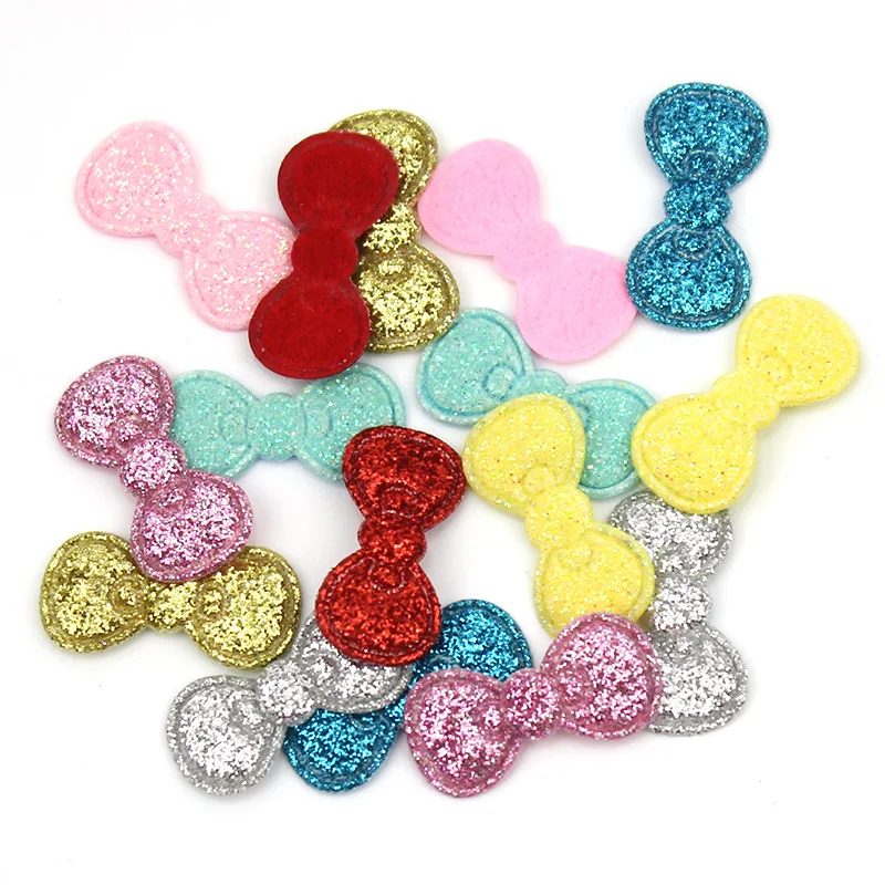 80PCS 1*2.2 centimetri Glitter Bowknot shap Appliques Imbottiti Per Bambini Capelli Clip di BB copricapo Forniture FAI DA TE Lucido mestiere Della