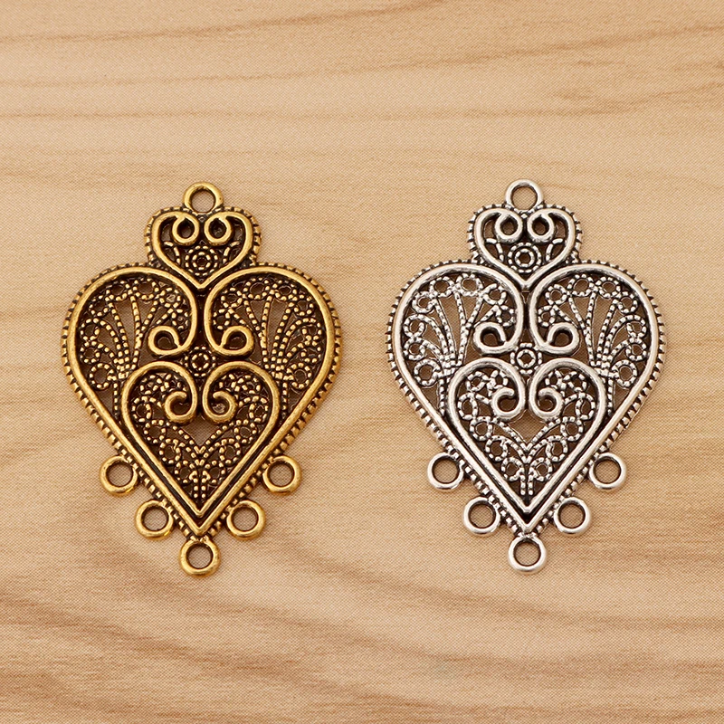 10 Pieces Tibetan Silver Gold Color Heart Chandelier Connector Multi Strand Charms Pendants For Earring Necklace Making