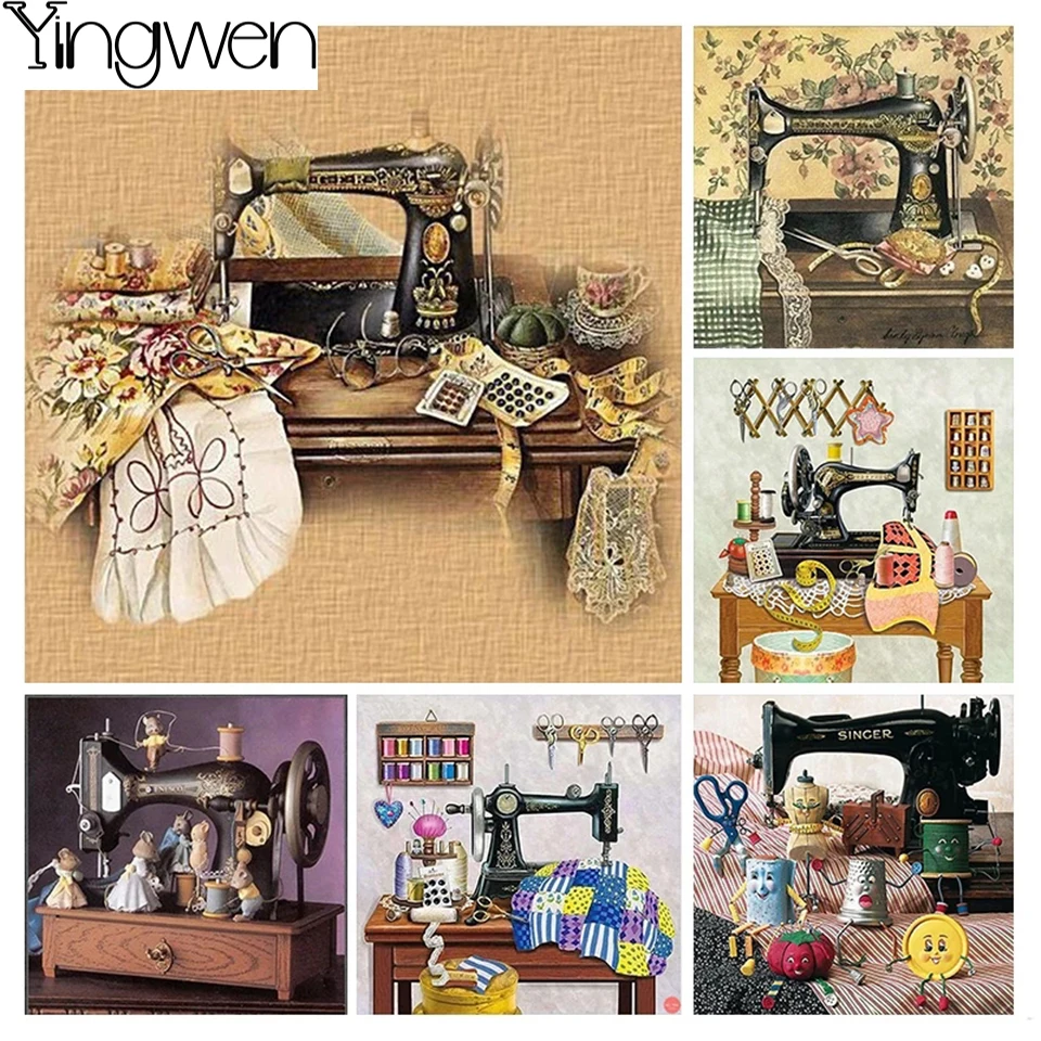 5D DIY Retro Diamond Painting Art Sewing Machine Full Diamond Mosaic Picture Embroidery Decoration Home Wall Sticker Puzzle Gift