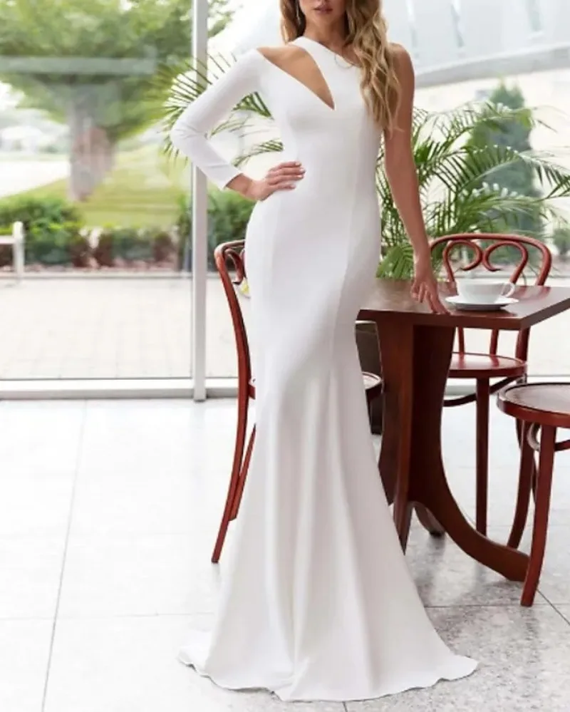 

White Simple Evening Formal Dress 2023 One Shoulder Long Sleeve Mermaid Prom Party Gown Vestidos Fiesta Robe De Soirée