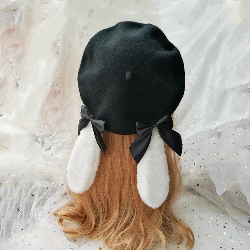 Sweet Lolita Cute Plush Rabbit Ear Bow Beret Lovely Japanese Mori Girl Vintage Painter Hat Pumpkin Cap Flat Cap Autumn Winter