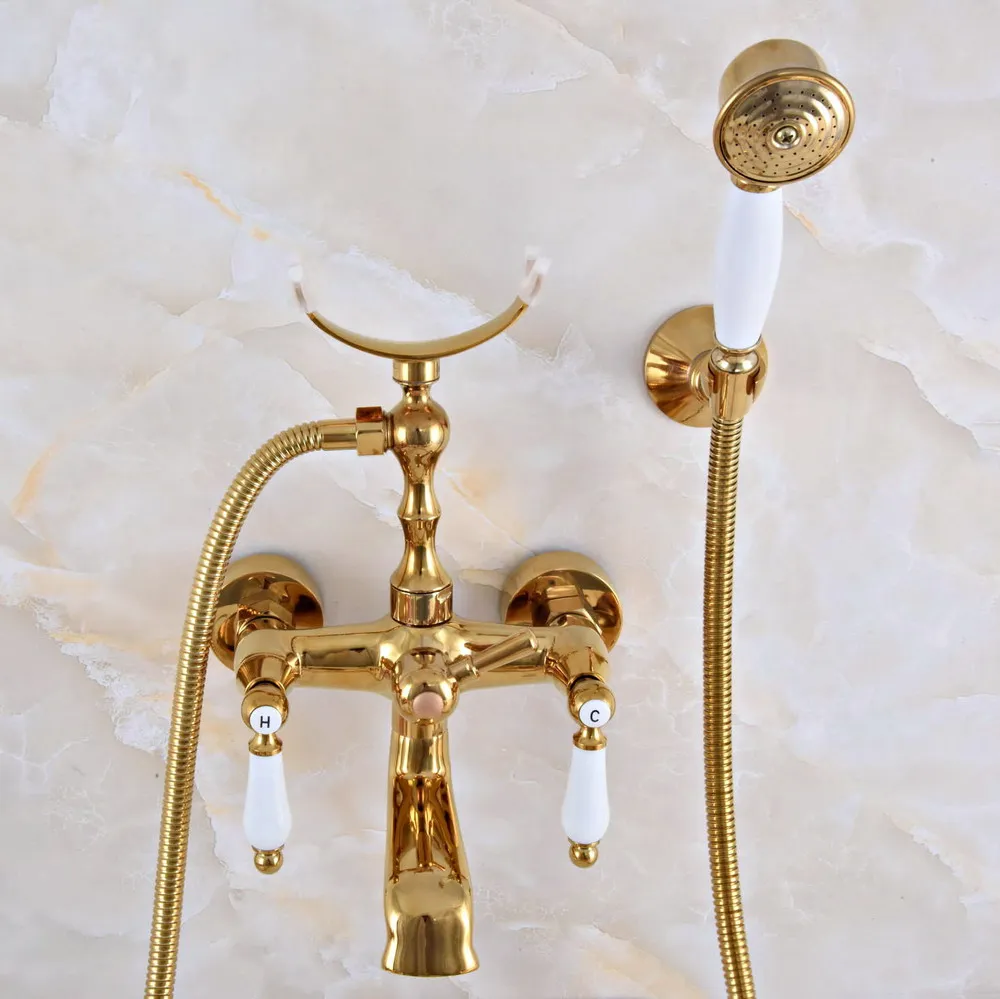 Luxury Gold Color Brass Wall Mounted Bathroom Bath Tub Faucet Set with 1500MM Hand Held Shower Spray Mixer Tap 2na911