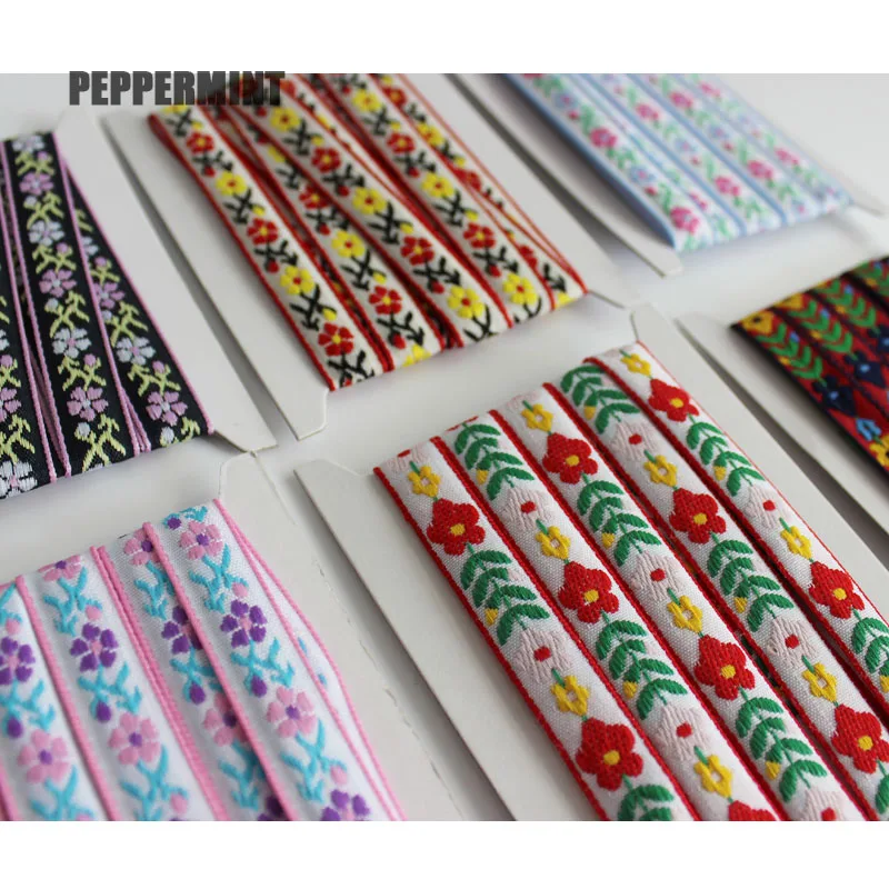 2Yard 1.2cm Ethnic Floral Ribbon Embroidery Trim Flower Lace DIY Clothes Bag Accessories Embroidered Fabric