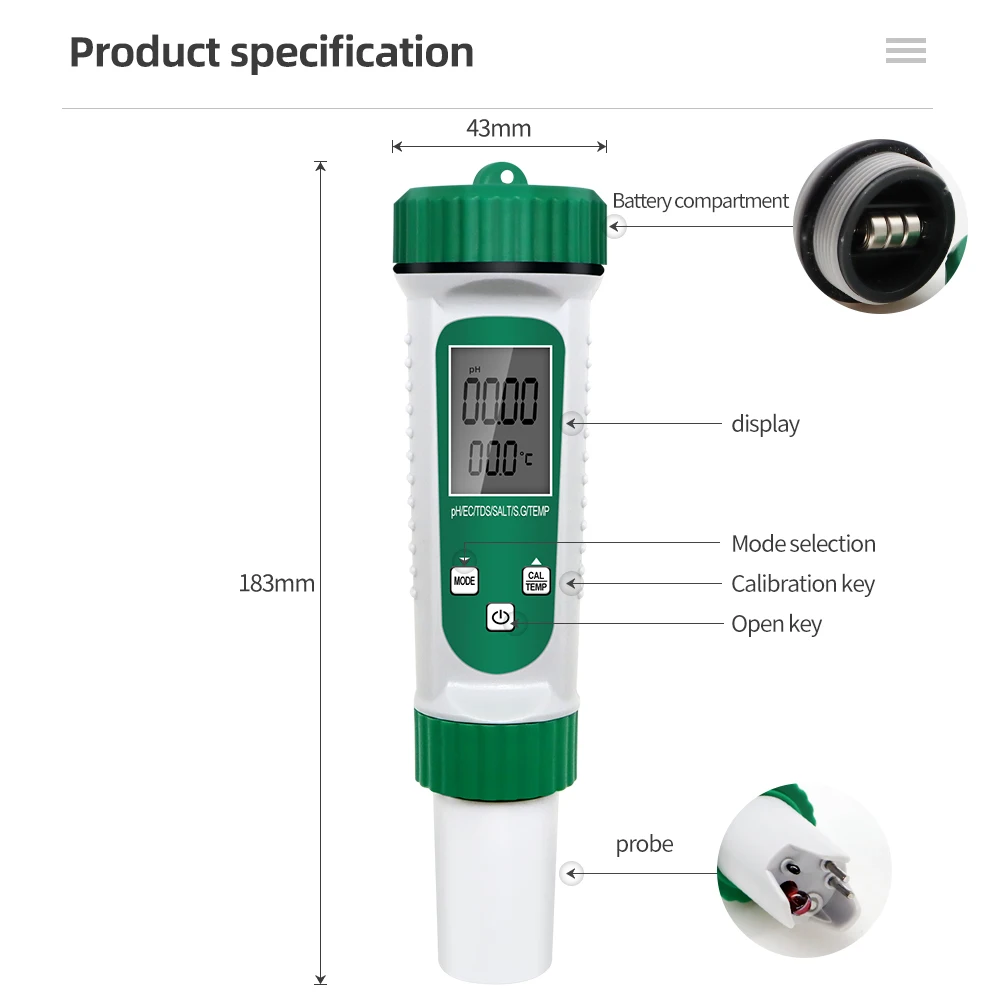 6 In 1 PH Meter EC TDS Salinity S.G Temp High Precision Probe Water Quality Testing Acidometer for Drinking Laboratory Aquarium