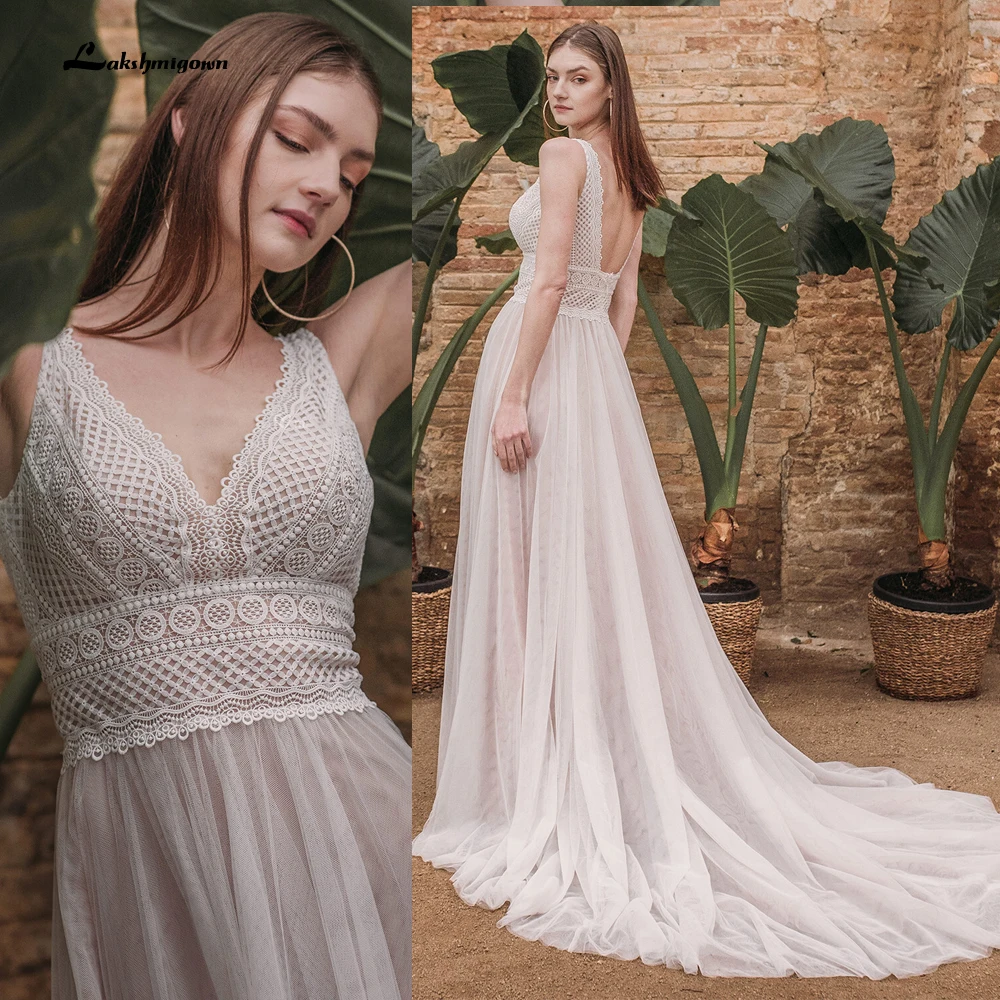 

Summer Lace Bohemian Wedding Dresses 2021 V Neck Boho Bride Dress Tulle Beach Bridal Gown trouwjurk Lakshmigown