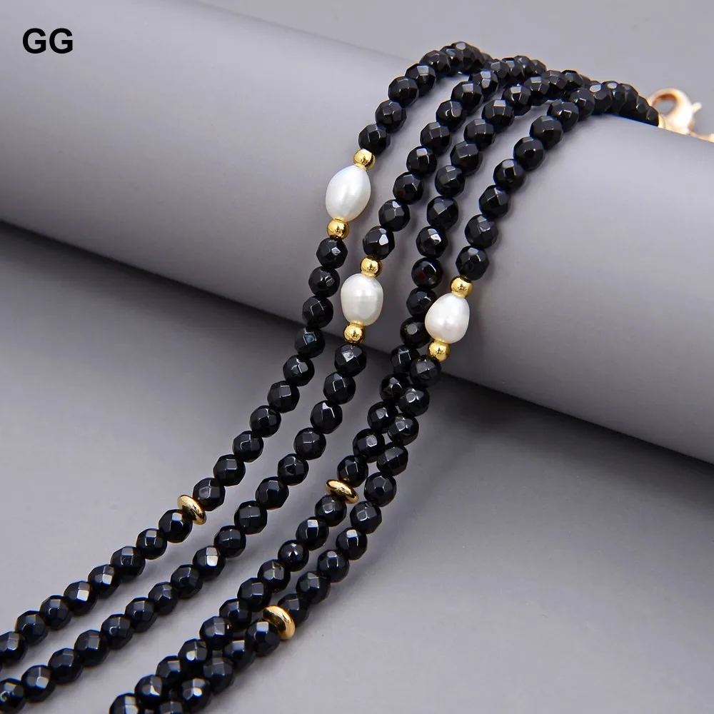 GG 2 Rows Natural Faceted Round Black Onyx Cultured White Rice Pearl Choker Necklace 17\