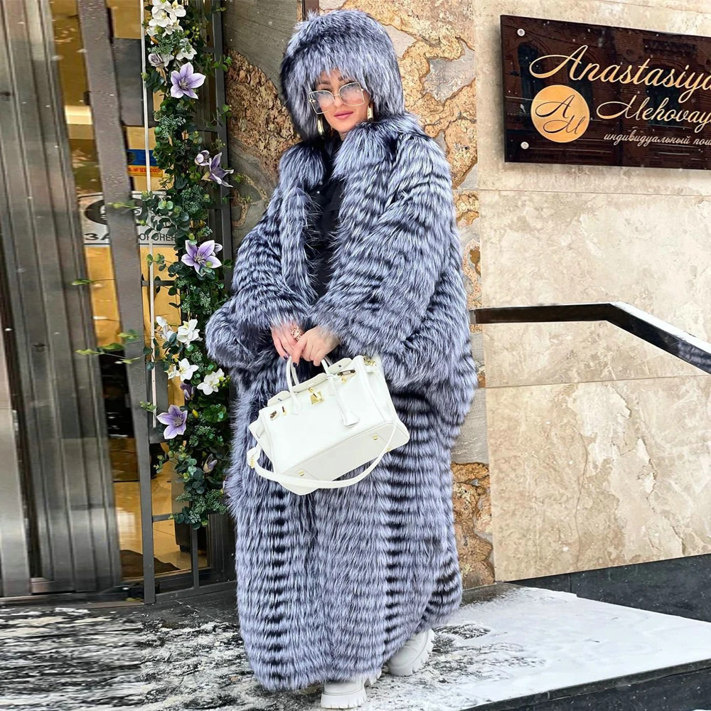 New Women Fashion Long Real Silver Fox Fur Coat Stand Collar Natural Whole Skin Genuine Leather Fox Fur Coats Outwear Woman