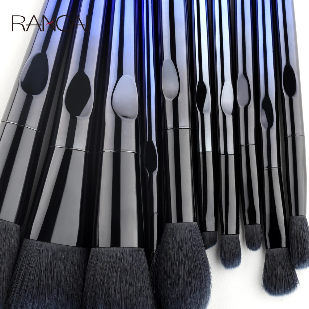 RANCAI 10 Pcs Makeup Brushes Navy Blue Premium Synthetic Hair Foundation Blending Brush Tool Powder Eyeshadow Cosmetic Set Case