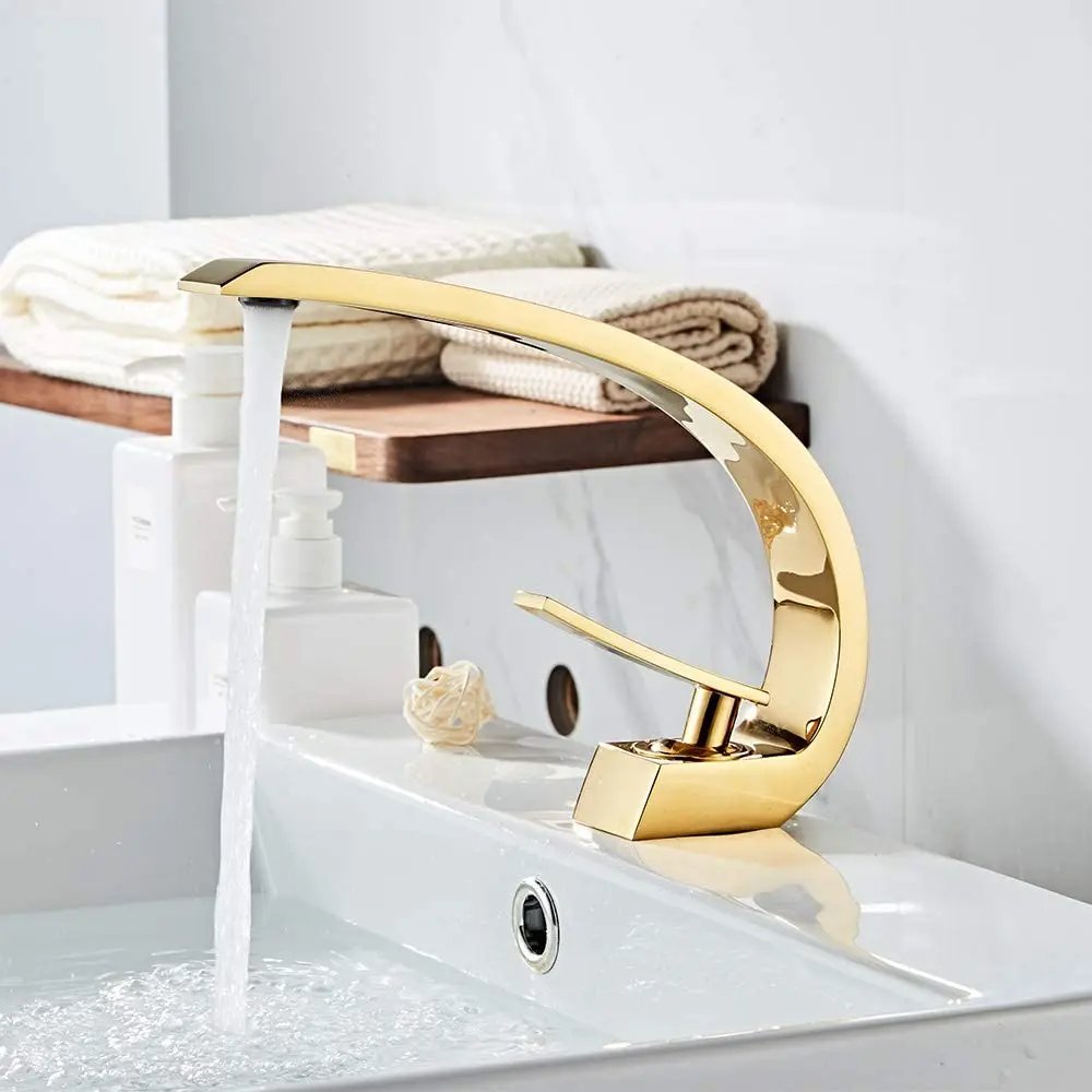 

IMPEU Shiny Polished Gold Bathroom Sink Faucet, Unique Design One Handle Single Hole Lavatory Faucet, Basin Mixer Tap Commercial