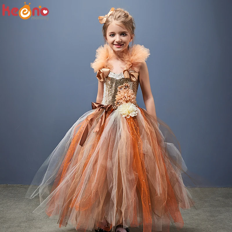 Handmade Girls Autumn Flower Fairy Tutu Dress Kids Glitter Sparkle Tulle Pageant Ball Gown Halloween Party Turkey Day Costume