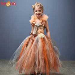 Handmade Girls Autumn Flower Fairy Tutu Dress Kids Glitter Sparkle Tulle Pageant Ball Gown Halloween Party Turkey Day Costume