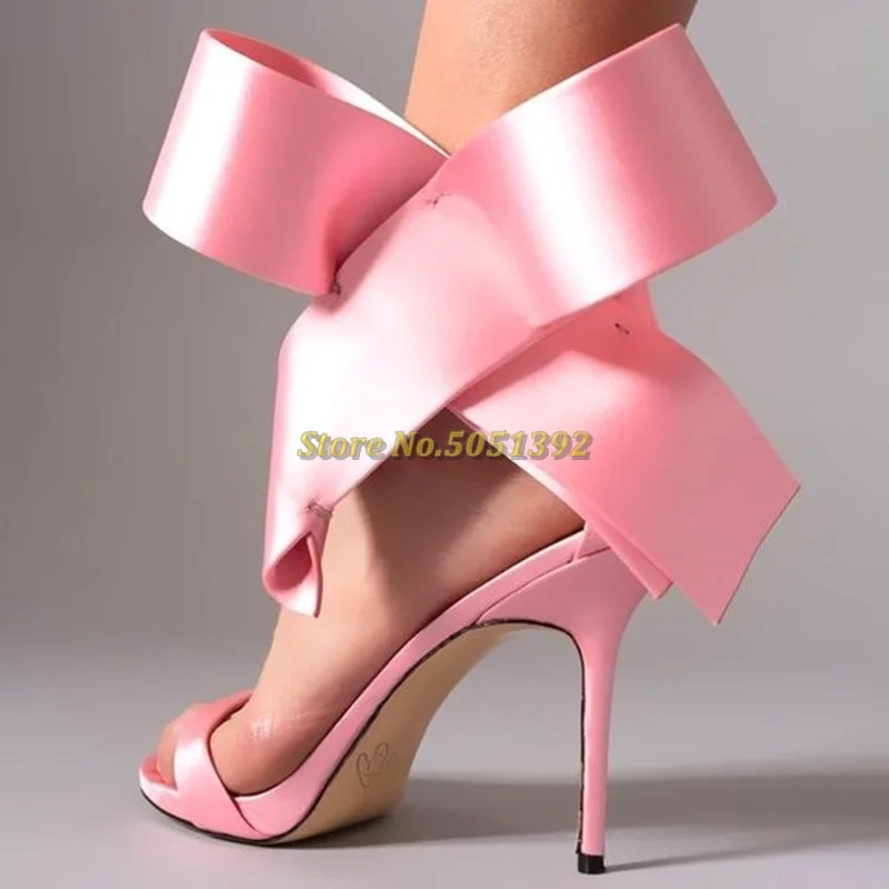 Stylish Pink Thin High Heel Sandals Open Toe Patent Leather Butterfly Knot Runway Sandals Satin Purple Blue Dress Women Sandals