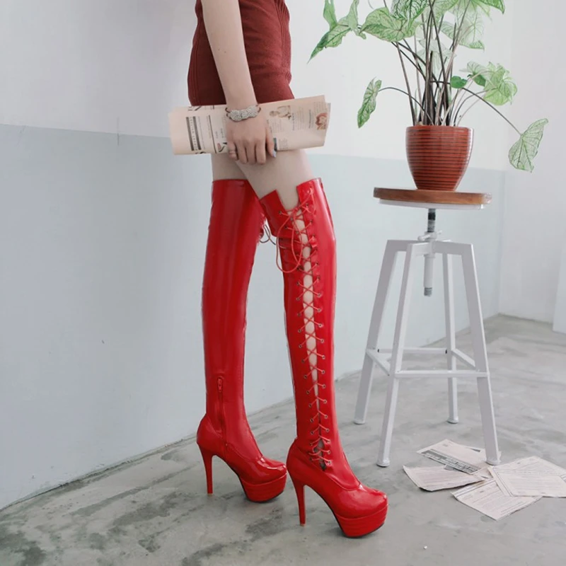 2021 tacchi alti stivali sopra il ginocchio stivali alti da donna stivali con plateau in pelle verniciata scarpe gotiche Sexy Plus Size 51 52 M-861
