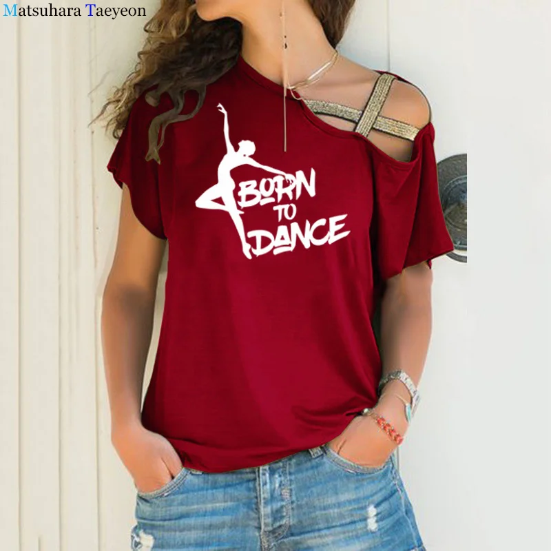 Modny nadruk damski T-shirt, który narodził się do tańca balet letni Harajuku graficzny T-shirt nieregularne skośne krzyżowe wiązanie Tee — zdjęcie 3