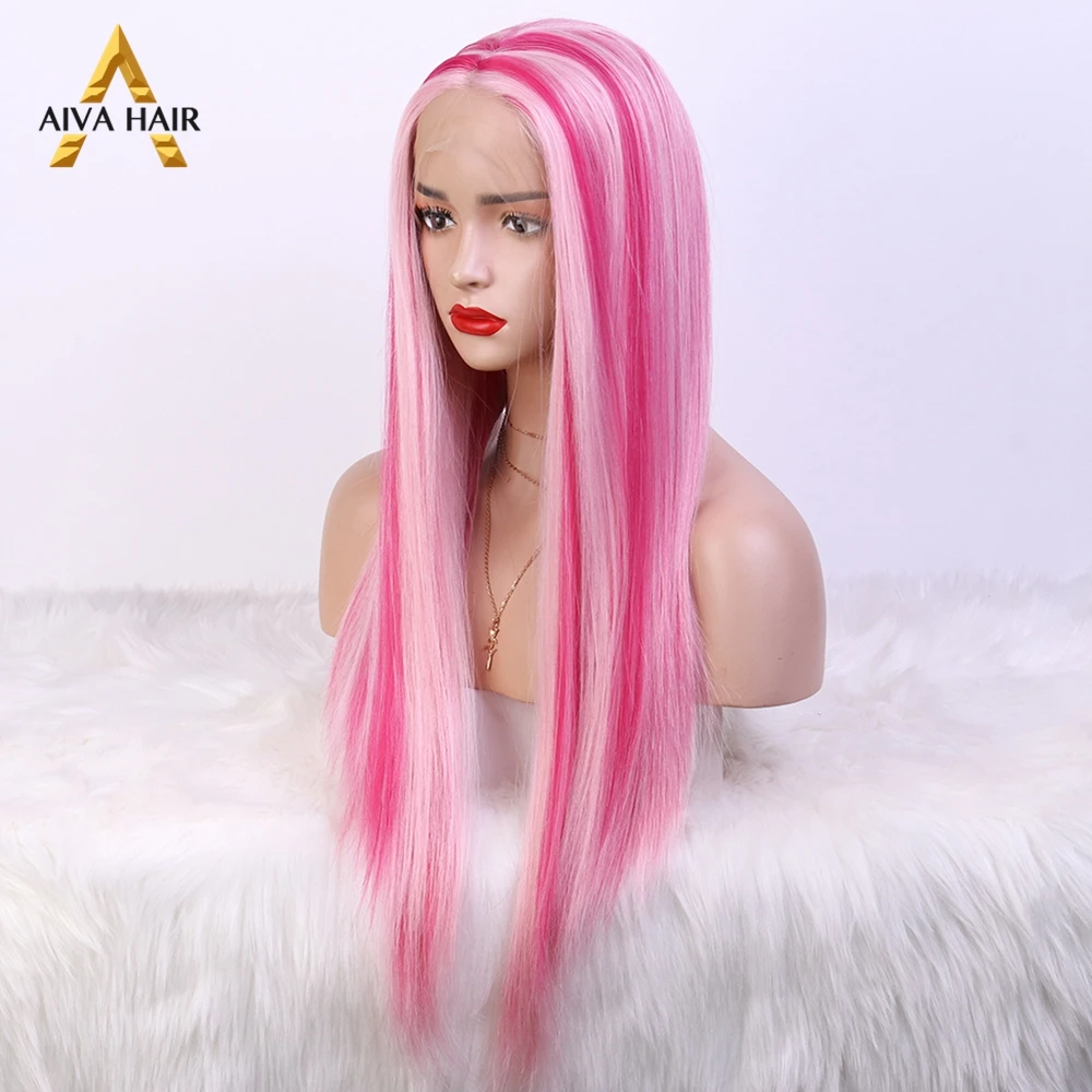 Highlight Pink 30Inch Synthetic 13X4 Lace Front Wig Pre Plucked Hot Pink Color Drag Queen Cosplay Wigs For Women 180% Aiva