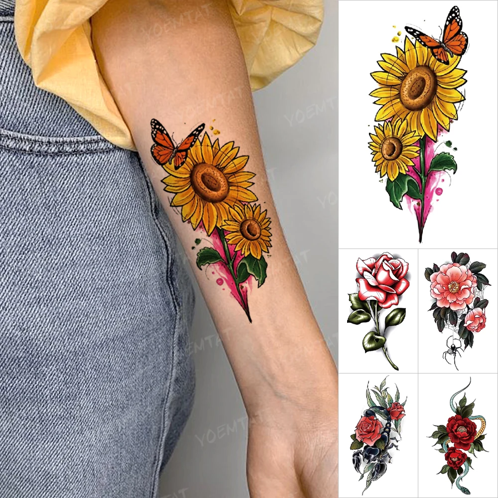 Color Waterproof Temporary Tattoo Stickers Sunflower Rose Peony Flower Snake Scorpion Flash Tattoos Women Men Body Art Fake Tatu