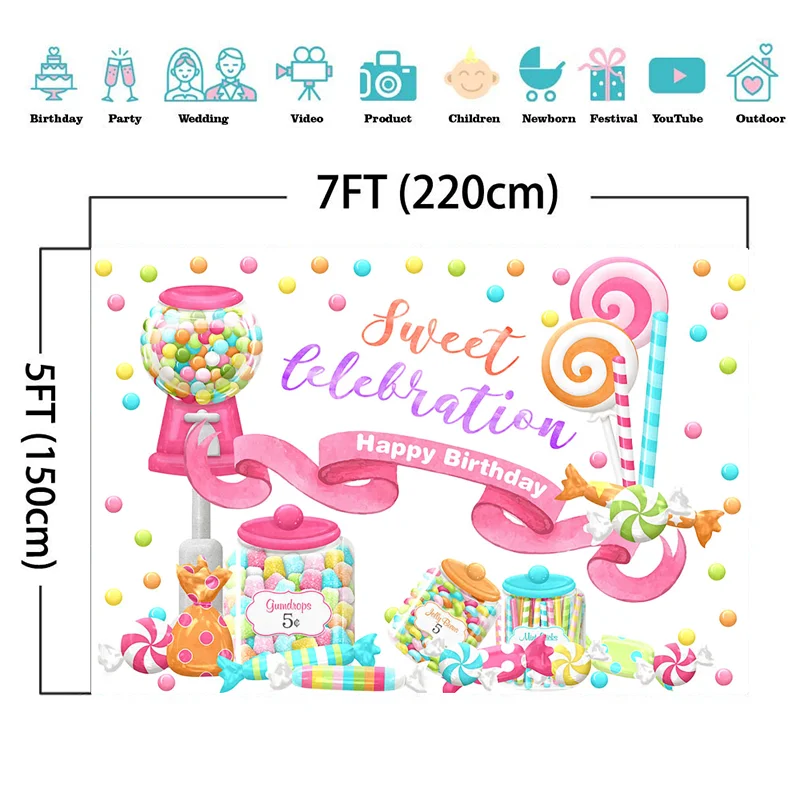 Sweet Candy Theme Birthday Party Background Banner Colorful Decoration Photo Backdrop