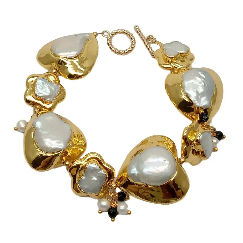 YYGEM natural Heart and Flower Shape  White Keshi Pearl  With Gold Electroplated Wrap Bracelet 9" Toggle Clasp Class style view 4