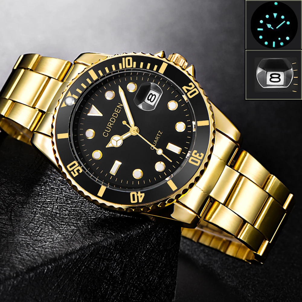 Classic Design Gold Watch Men Luxury Quartz Mens Watches Man Rotating Bezel Business Male Clock Waterproof Sports Reloj Hombre