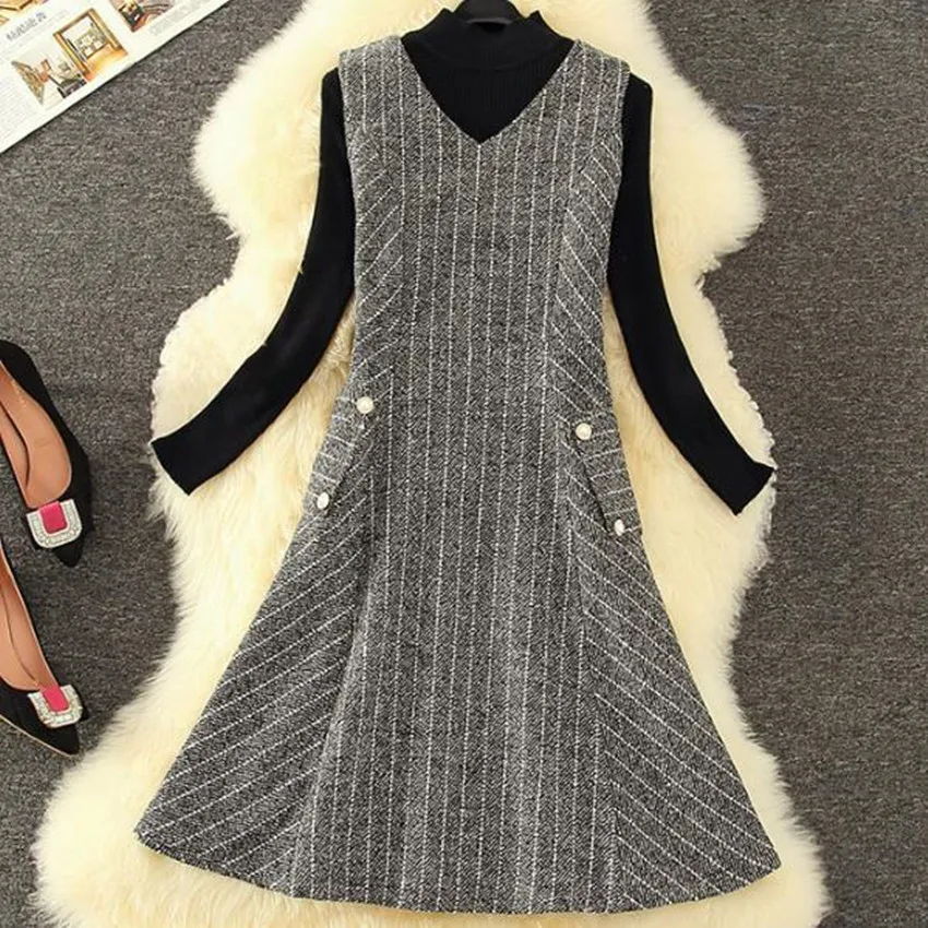 

Small fragrance winter plaid striped woolen vest dress women v-neck slim a-line dress thick 3XL