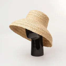 Sombrero de rafia de ala ancha para mujer, sombreros de playa para vacaciones, sombrero de paja plano, sombrero para el sol de verano, sombrero de cubo UV para mujer, venta al por mayor