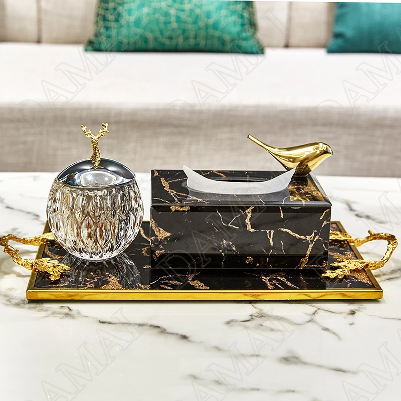 European Glass Tissue Box Dining Table Desktop Tissues Frame Living Room Marble Texture Napkin Organizer Home Decoration Modern