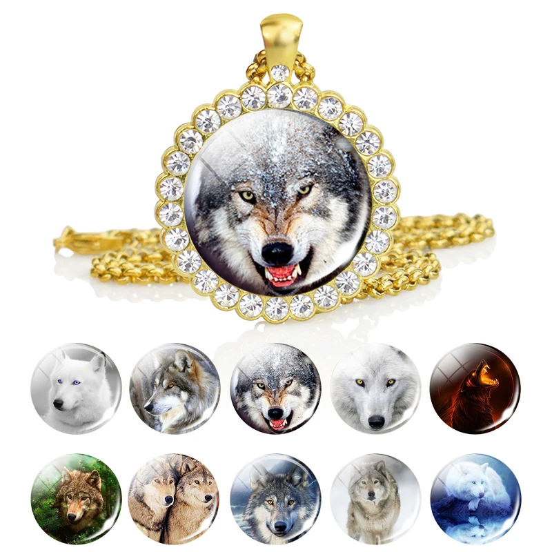 Wolf Head Necklace Animal Jewelry Fashion Glass Cabochon Wolf Pendant Necklaces Gift for Men