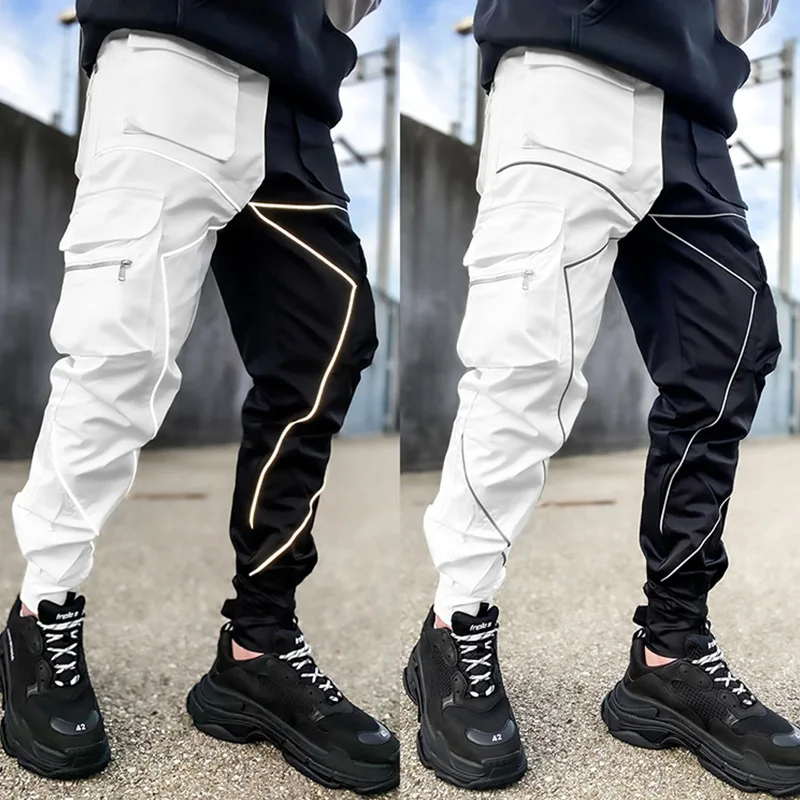 Joggers Cargo Pants Reflective Stripe Fashion Streetwear Hip Hop Sweatpants Black White Patchwork Hipster Mens Trousers