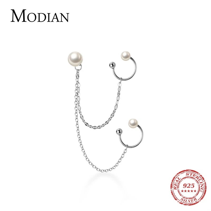 Modian New Arrive 925 Sterling Silver Elegant Pearl Chain C Shape Tassel Clips Earring for Women Wedding Enagament Fine Jewelry