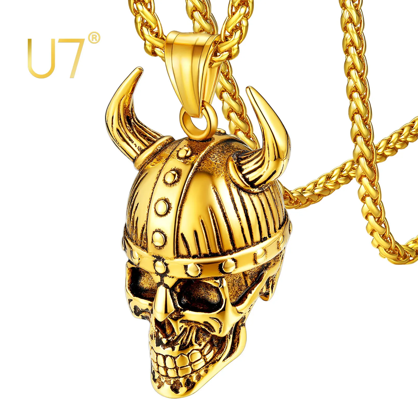 U7 Skull Pendant Chain Gothic Jewellery Odin Helmet Horn Necklace Viking Talisman Necklaces Norse Accessories Amulet Gift QC24