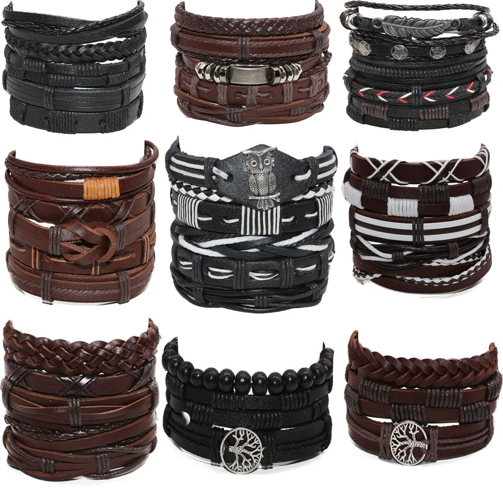 Popular retro men's bracelet 5-piece set of hand woven cowhide wax rope adjustable bracelet jewelry Fashion Charm small gift