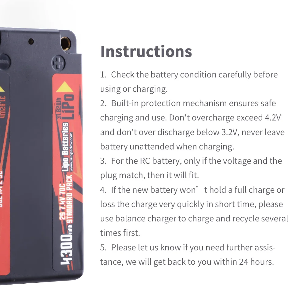 Sunpadow 2S 4300mAh Lipo Battery 7.4V 70C Shorty Hard Case with 4mm Bullet for RC 1/8 1/10 Scale Car Truck Vehicle Tank Buggy