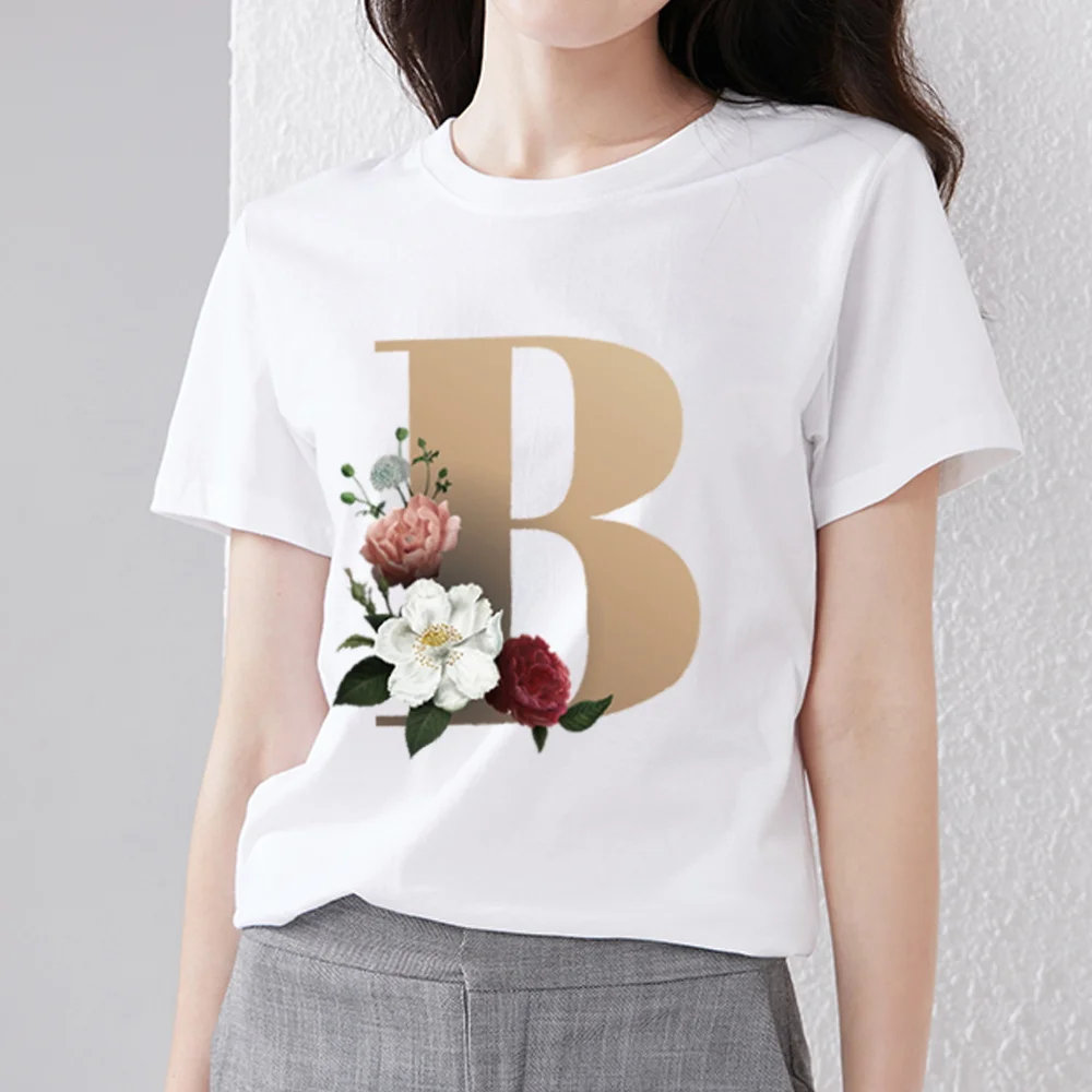 Women's T-shirt Fashion 26 English Golden Flower Letter Printing Simple T-shirt Commuter Wear Comfortable Round Neck Ladies Top