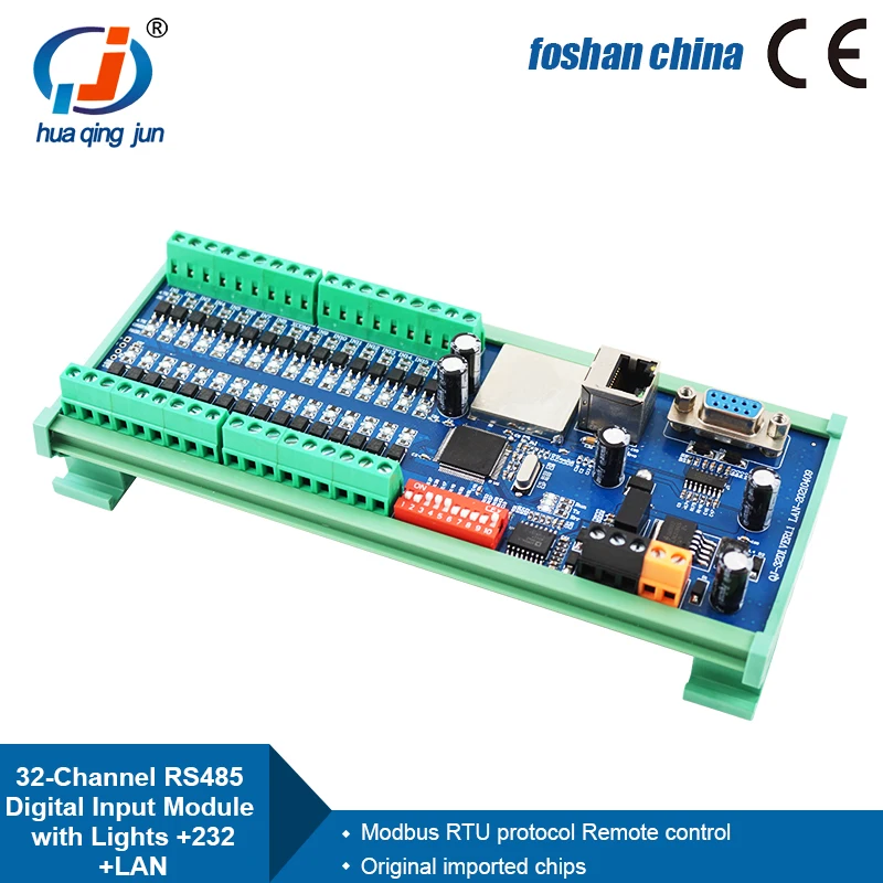 Huaqingjun 32-Channel RS485 232 LAN Input Module Digital Data Acquisition 24VDC with Lights Modbus RTU/TCP for Switch