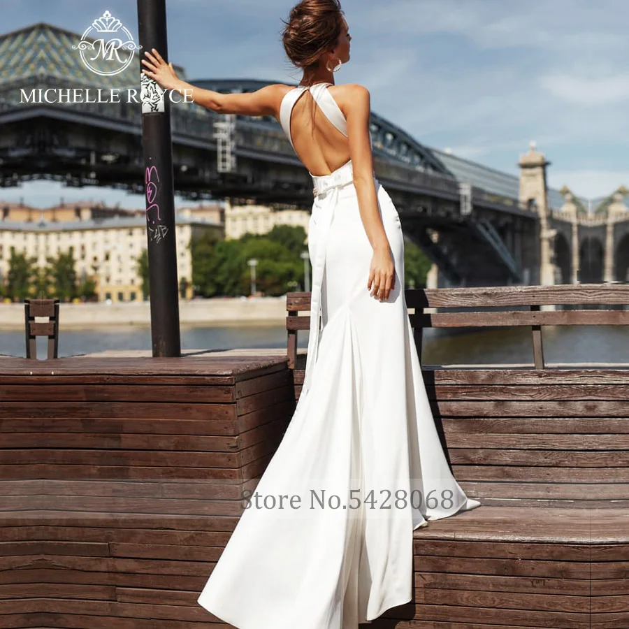 Michelle Royce Mermaid Wedding Dresses Sexy Halter Sleeveless Backless Bow Beaded Court Train Wedding Dresses Vestido De Noiva