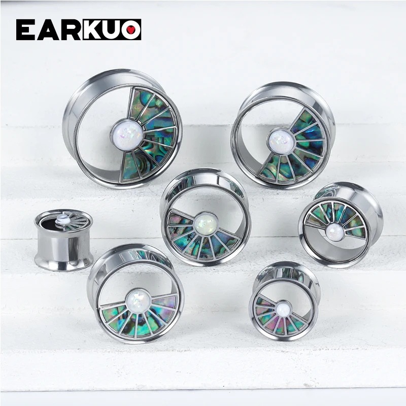 EARKUO Top Quality Stainless Steel Flower Fan Shape Ear Gauges Stretchers Expanders Body Piercing Jewelry Ear Tunnels Plugs 2PCS